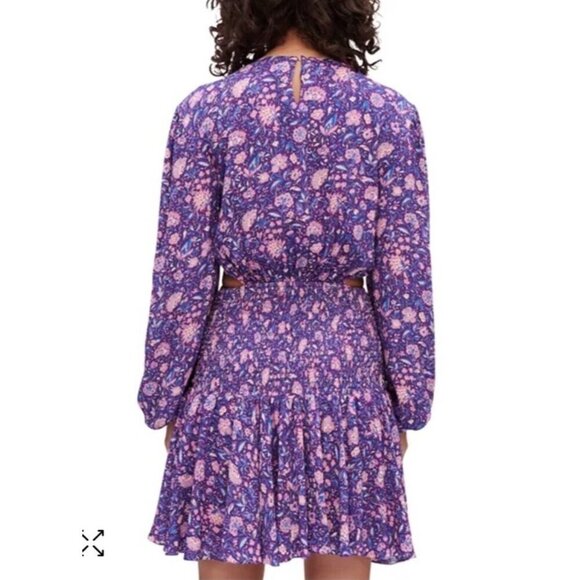 Maje Floral Mini Dress Size 38 UK 10 $445 Purple Georgette Smocked Cut Out Boho - Picture 2 of 16